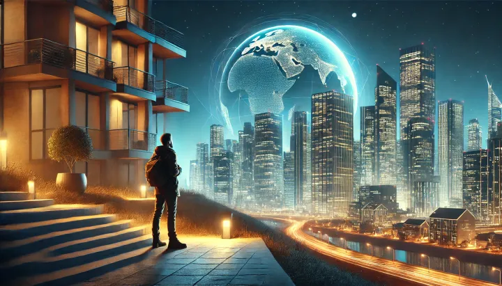 A well-lit cityscape at night, symbolizing safety and stability.